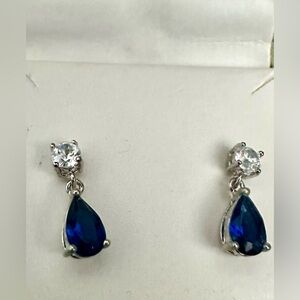 Elegant Faux Blue Sapphire and Diamond Teardrop Earrings in Silver Settings